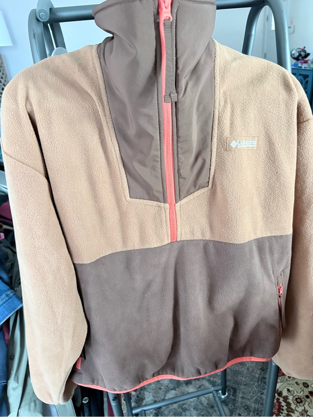 Columbia Two-Tone Teddy Fleece Jacket in Tan and Brown with Coral Trim